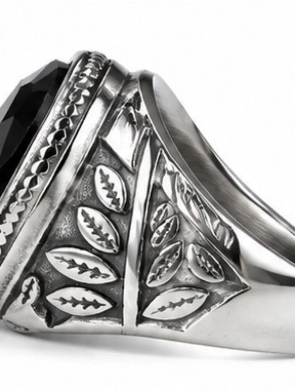 Men's Black Stone Stainless Steel Ring Rhodium Plated Gothic Statement Ring - Picture 5 of 11